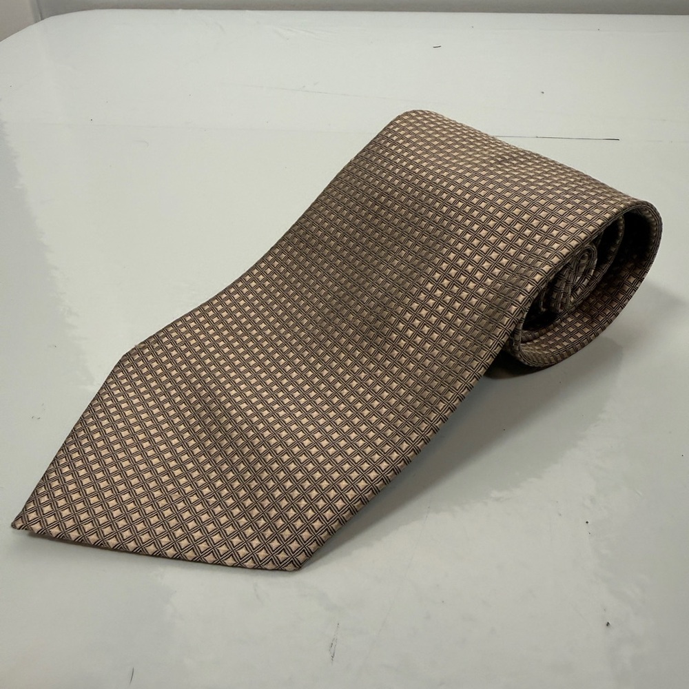 Vintage A. Mahtani Pure Silk Tie Milan Paris Champagne Gold Geometric Grid